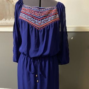 NEW. Knee length blue dress w sheer long sleeves